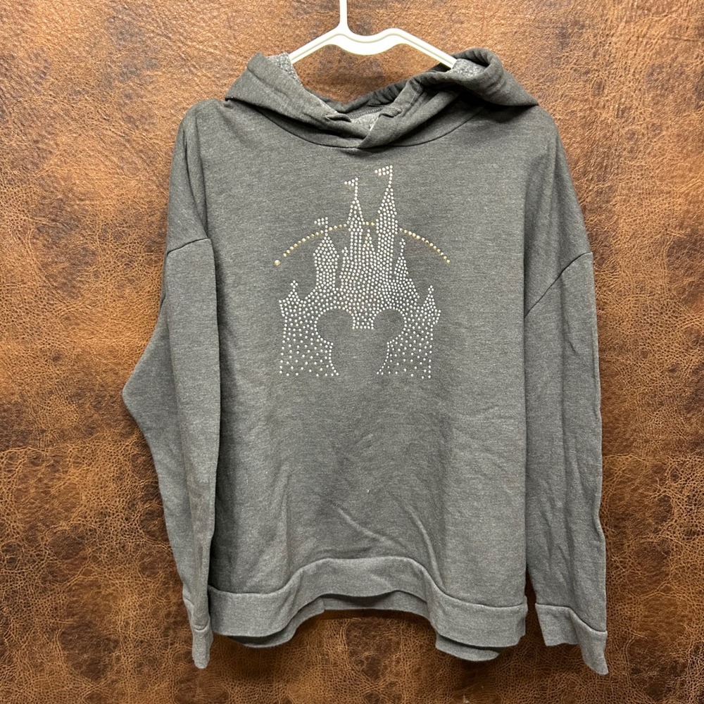 Disney Castle Mickey Mouse Disneyland Sequin Sparkle Gray Hoodie Sweatshirt XL